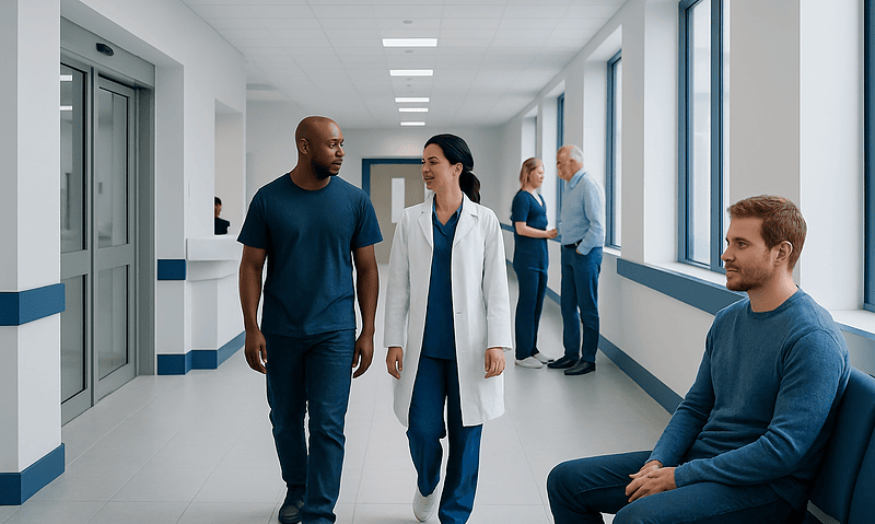 Healthcare professionals and patients in a hospital corridor.