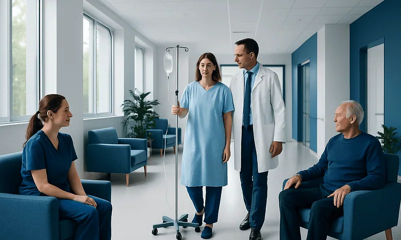 Hospital staff discussing patient care in a modern medical facility.