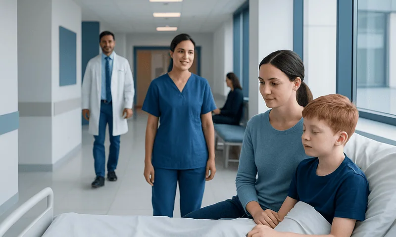 Recovery After Common Pediatric Procedures: What Parents Can Expect 13 Pediatric patient with mother in hospital room with medical staff nearby.