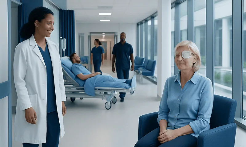 Patient recovering in hospital with medical staff nearby.