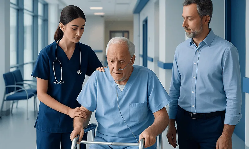 Patient recovering after heart bypass surgery with medical staff support.