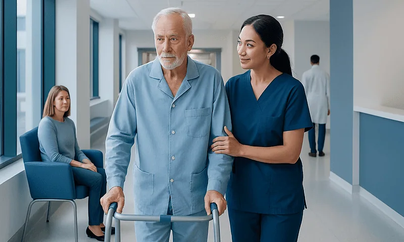 Coronary Bypass Surgery Recovery in Older Adults: What Families Should Expect 1 Older man with walker being assisted by nurse in hospital corridor.