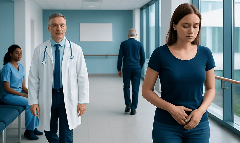 Woman experiencing discomfort in a hospital corridor with medical staff nearby.