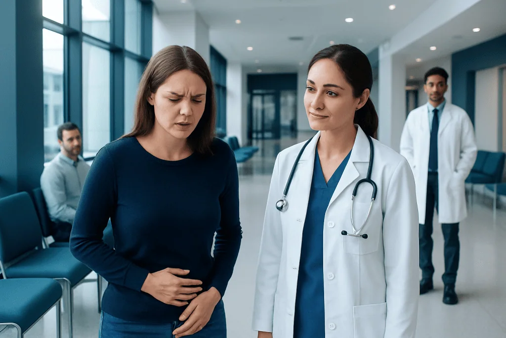 Recurrent UTIs: Why Infections Keep Coming Back and How Doctors Investigate 1 Woman with abdominal pain consulting a doctor in hospital corridor.