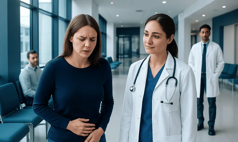 Woman with abdominal pain consulting a doctor in hospital corridor.