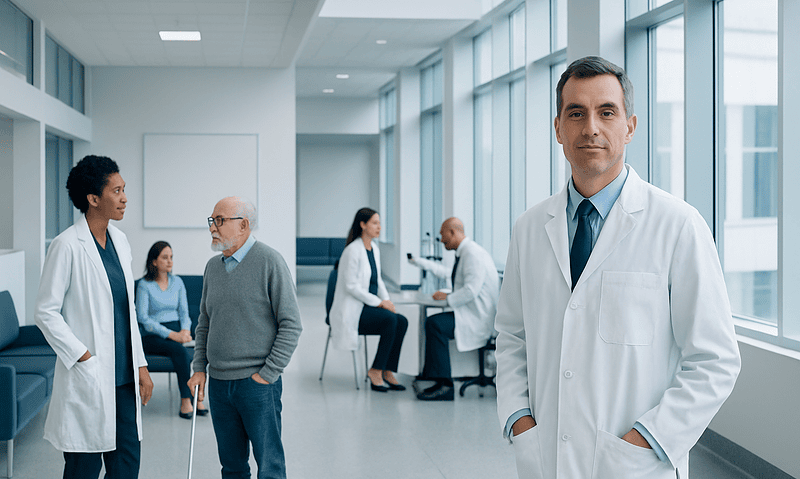 Medical team and patient in a modern hospital corridor.