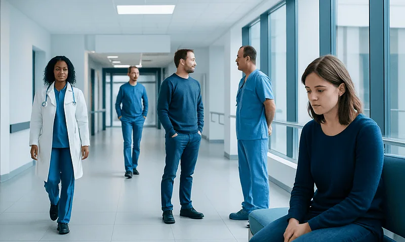 Patients and healthcare professionals in a hospital corridor, discussing mental health care.