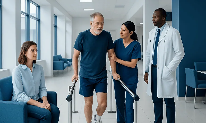 Health Library 9 Elderly man receiving physical therapy at a hospital rehabilitation center.