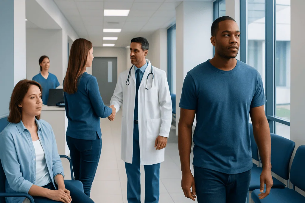 How to Prevent Relapse After Rehab: Daily Support and Warning Signs 1 Medical professionals and patients in a hospital corridor at Acibadem Hospitals Group.