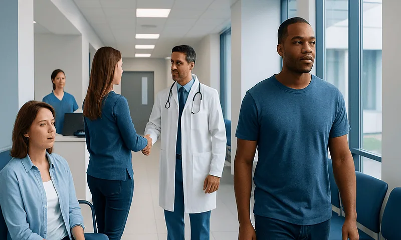 Medical professionals and patients in a hospital corridor at Acibadem Hospitals Group.