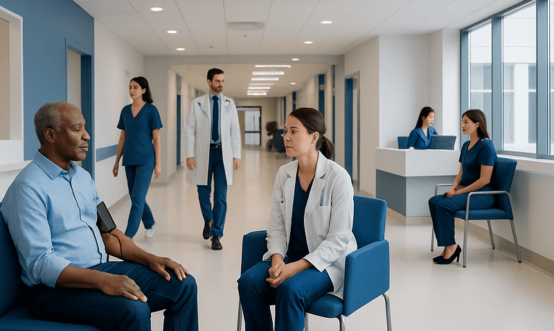 Remote Patient Monitoring Cost: What Affects the Price of Connected Care? 13 Healthcare professionals and patient in a modern hospital corridor.