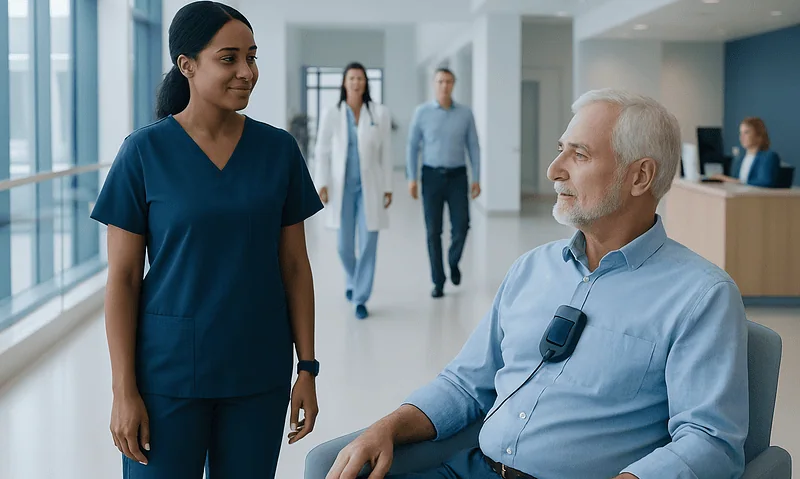 Remote Patient Monitoring: What Data Is Tracked and What Happens Next? 10 Nurse and patient in hospital corridor with medical staff in background.