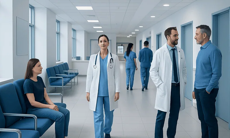 Healthcare professionals and patients in a modern hospital corridor.