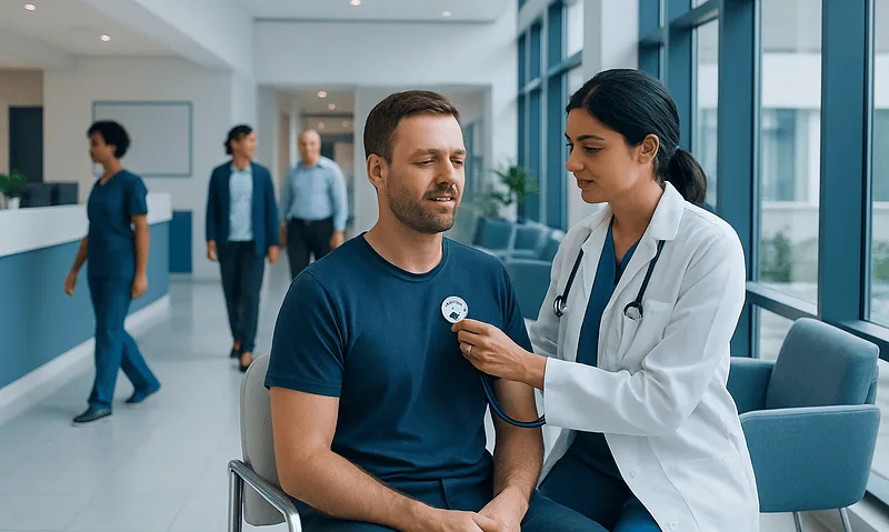 How to Lower Resting Heart Rate Safely 16 Doctor checking patient's vital signs in a hospital corridor.