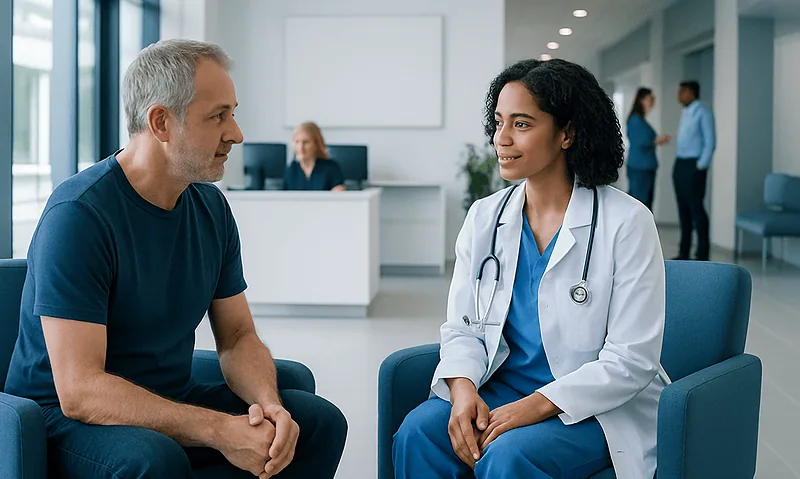 How to Lower Resting Heart Rate Safely: Lifestyle Steps That Help 7 Doctor consulting with a patient in a hospital waiting area.