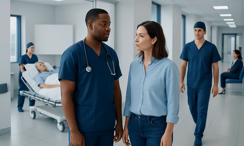 Medical team discussing patient care in hospital corridor.
