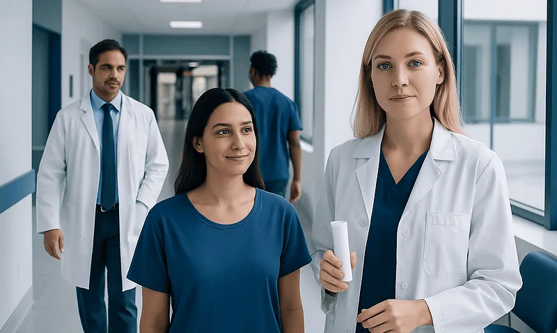Medical team in hospital corridor with doctors and nurse in white coats.