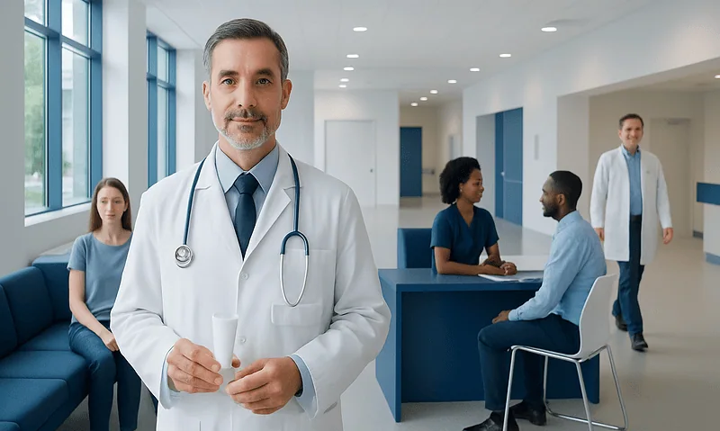 Experienced doctor in a modern hospital with patients in the background.