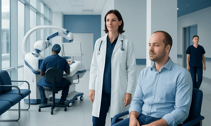 Medical consultation in a modern hospital with robotic surgery equipment in background.