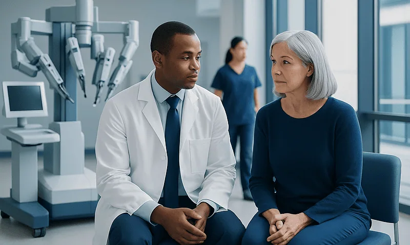 Doctor consulting with an elderly patient in a modern hospital setting.