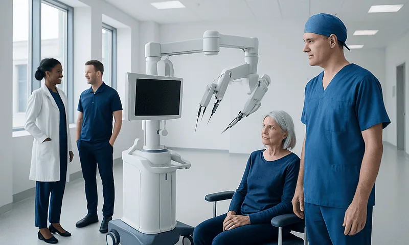 Surgical Robots for Joint Replacement: What Happens Before, During, and After 14 Medical team with robotic surgical system in hospital setting.