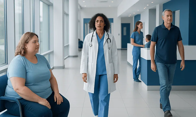 Healthcare professionals and patients in a modern hospital corridor.