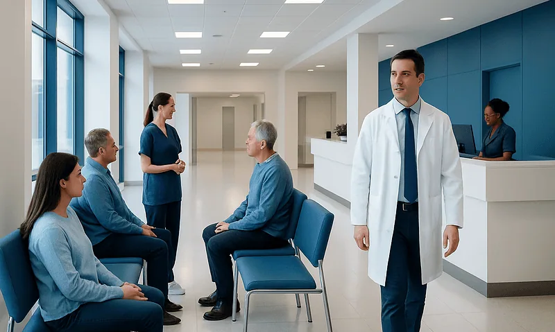 Doctor consulting patients in a hospital waiting area.