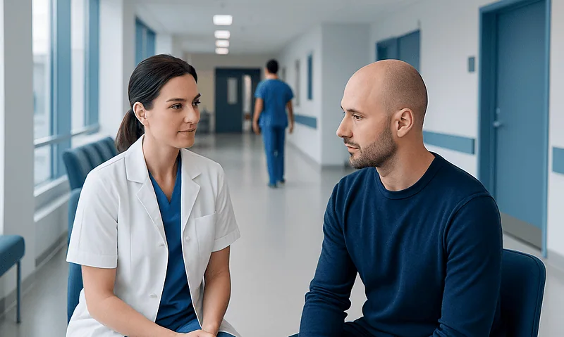 Doctor consulting with patient in hospital corridor.
