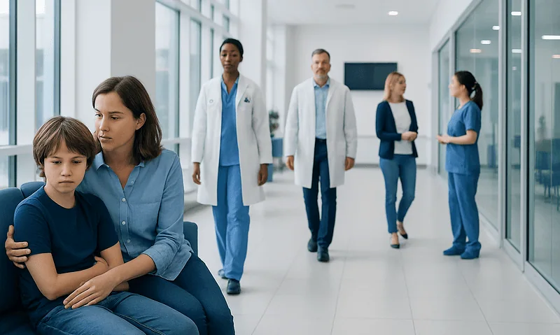 Children and healthcare professionals in a hospital corridor.