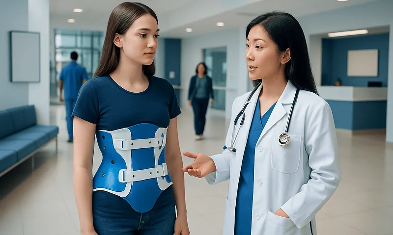 Young girl with scoliosis brace talking to doctor in hospital corridor.