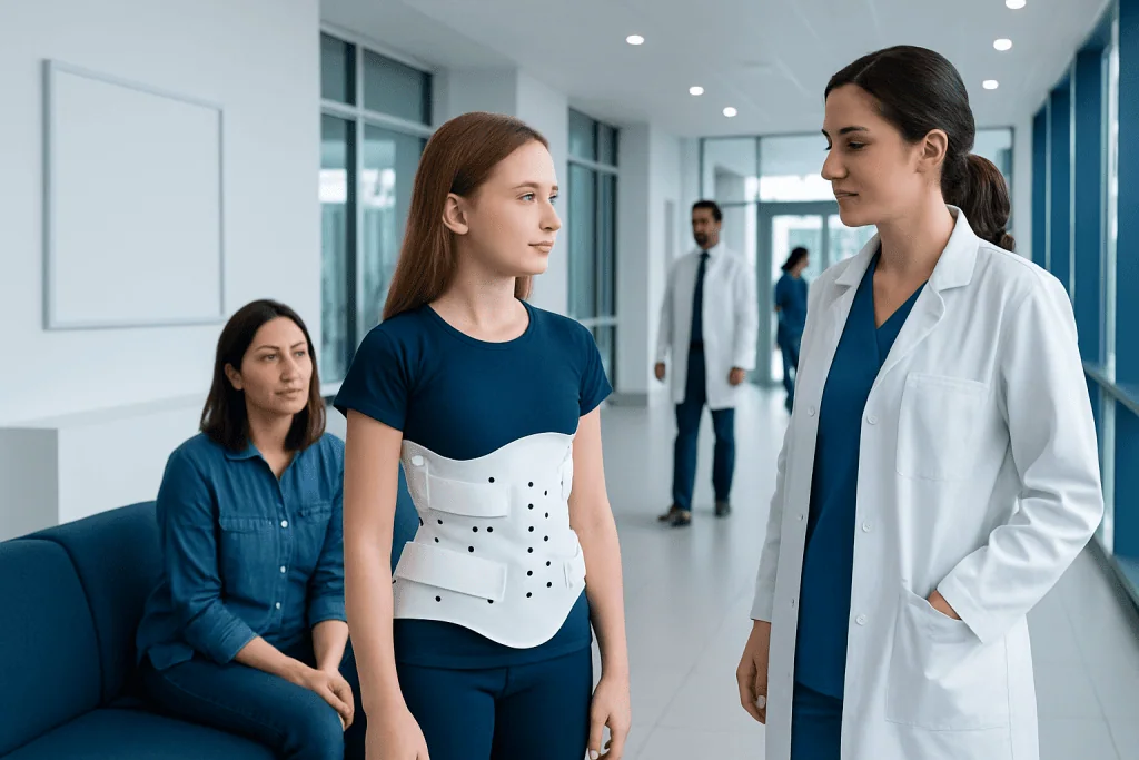 Scoliosis Bracing in Children and Teens: Who Needs It and What Results Are Realistic 1 Young girl with scoliosis brace consulting doctor in hospital corridor.
