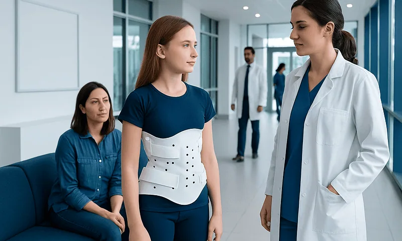 Young girl with scoliosis brace consulting doctor in hospital corridor.