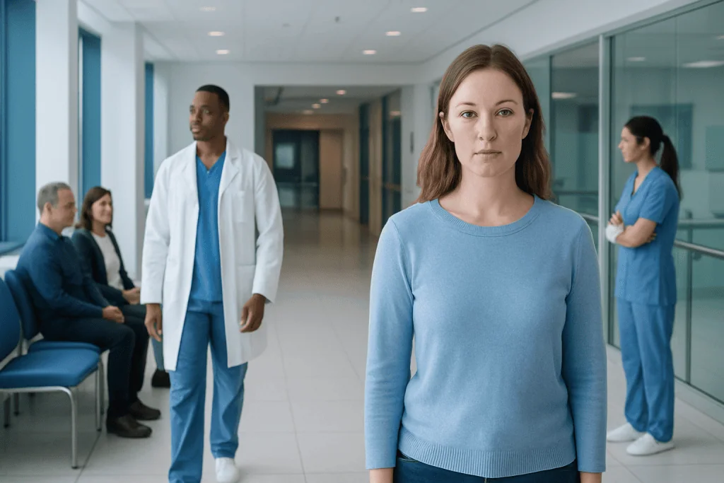 Sensitive Skin: Common Triggers, Patch Testing, and Safer Product Choices 1 Young woman with sensitive skin waiting in a hospital corridor.