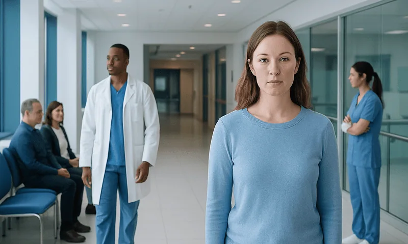 Young woman with sensitive skin waiting in a hospital corridor.
