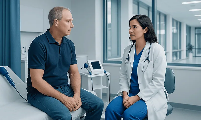 Doctor consulting with a male patient in a modern hospital room.