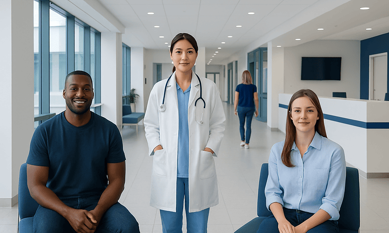 Healthcare professionals in a modern hospital corridor with patients.