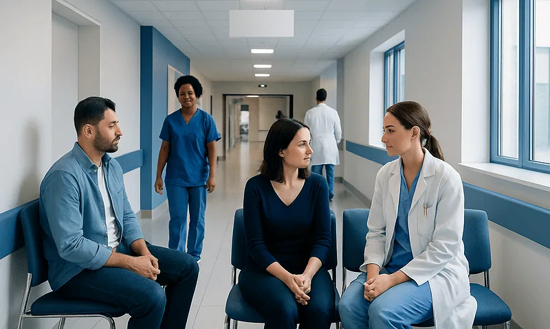 Patients and medical staff in a hospital corridor during consultation.