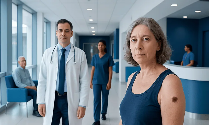 What Does Skin Cancer Look Like? Spot Changes That Should Be Checked 17 Woman with skin mole at hospital checkup, healthcare professionals in background.