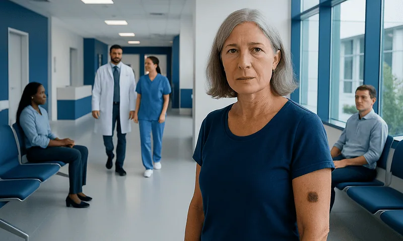 Skin Cancer Pictures and Warning Signs: What Suspicious Spots May Look Like 5 Woman with suspicious mole in hospital corridor for skin cancer awareness.