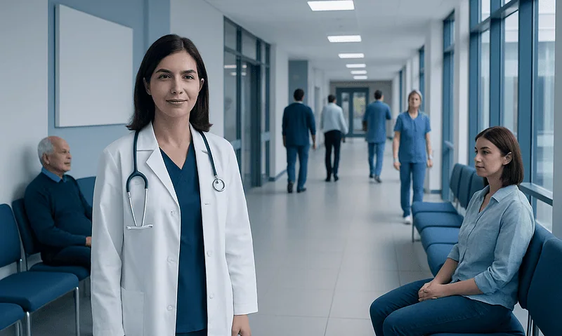 Healthcare professional in hospital corridor with patients and staff.