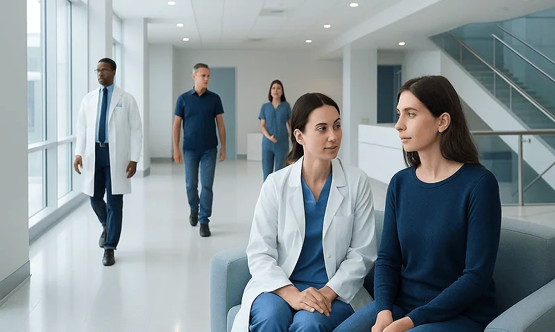 Medical professionals and patients in a modern hospital corridor.