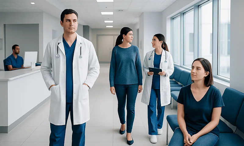 Medical team in a hospital corridor with patients and staff.