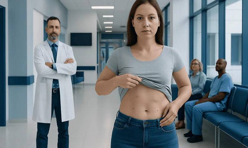 Young woman showing her abdomen in a hospital corridor with medical staff.