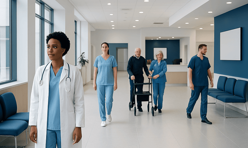 Smart Hospital Technology: What International Patients May Notice During Care 12 Modern hospital corridor with healthcare professionals and patients.