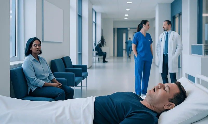 Patient resting in hospital bed with medical staff in background.
