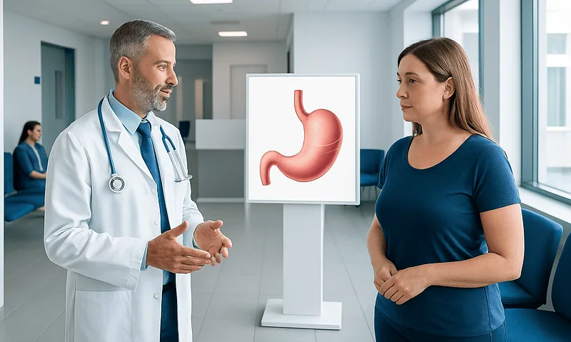 Gastroenterologist explaining stomach health to a patient in a hospital.