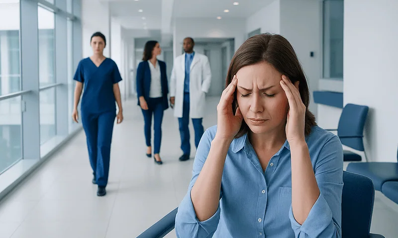Woman with headache in hospital corridor with medical staff in background.