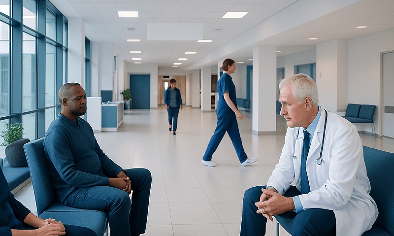 Doctor consulting with patient in hospital corridor for stroke risk assessment.