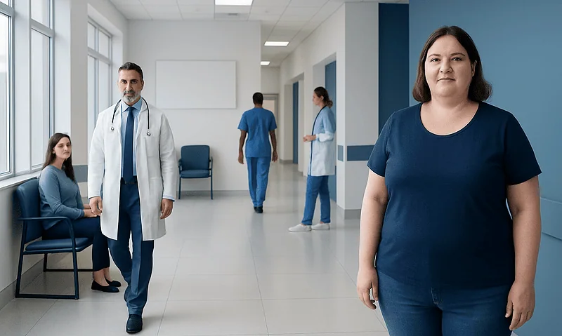 Healthcare professionals and patient in a hospital corridor.
