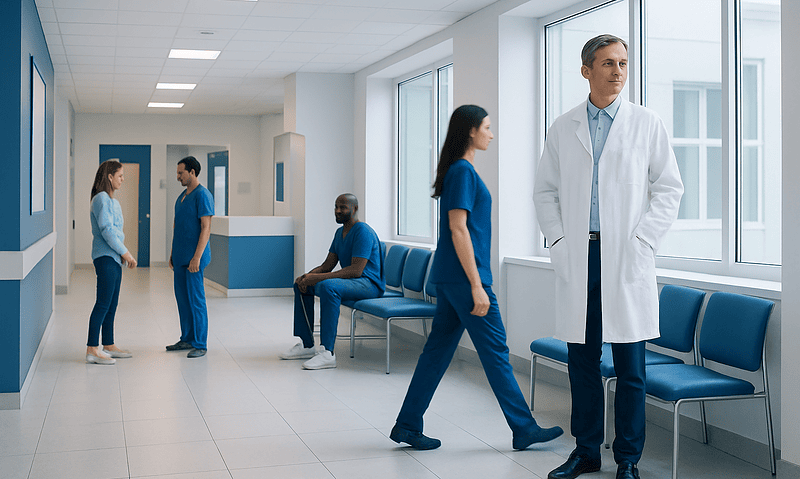 Medical staff and patients in a hospital corridor at Acibadem Hospitals Group.